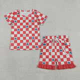 GSSO3293 4th of July Star Plaid Girls Shorts Outfits