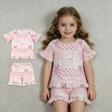 GSSO3321 Bows Flower Cherry Pink Ruffles Girls Shorts Set
