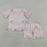 GSSO3321 Bows Flower Cherry Pink Ruffles Girls Shorts Set