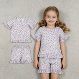 GSSO3322 Bows Flower Purple Ruffles Girls Shorts Set