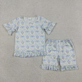 GSSO3323 Bows Flower Blue Color Ruffles Girls Shorts Set
