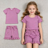 GSSO3348 Solid Color Purple Ruffles Girls Shorts Set
