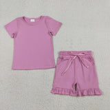 GSSO3348 Solid Color Purple Ruffles Girls Shorts Set