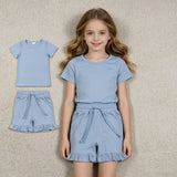 GSSO3349 Solid Color Blue Color Ruffles Girls Shorts Set