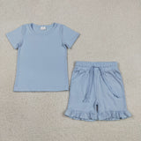 GSSO3349 Solid Color Blue Color Ruffles Girls Shorts Set
