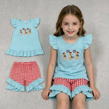 GSSO3356 Embroidery 4th of July USA Dog Red Plaid Girls Shorts Set