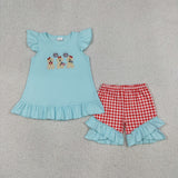 GSSO3356 Embroidery 4th of July USA Dog Red Plaid Girls Shorts Set