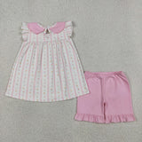 GSSO3363 Flower Rose Pink Scallop Edge Girls Shorts Set