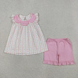 GSSO3363 Flower Rose Pink Scallop Edge Girls Shorts Set