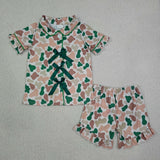 GSSO3367 Hunting Camo Bows Green Girls Shorts Pajamas Set