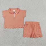GSSO3374 Solid Color Orange Scallop Edge Girls Shorts Outfits