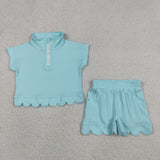 GSSO3376 Solid Color Sky Blue Scallop Edge Girls Shorts Set