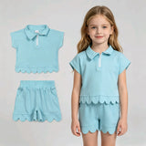 GSSO3376 Solid Color Sky Blue Scallop Edge Girls Shorts Set