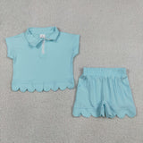 GSSO3376 Solid Color Sky Blue Scallop Edge Girls Shorts Set