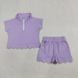 GSSO3377 Solid Color Purple Scallop Edge Girls Shorts Set