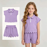 GSSO3377 Solid Color Purple Scallop Edge Girls Shorts Set