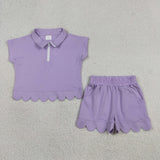 GSSO3377 Solid Color Purple Scallop Edge Girls Shorts Set