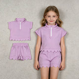 GSSO3378 Solid Color Pink Scallop Edge Girls Shorts Outfits