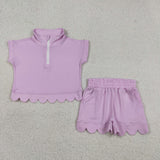 GSSO3378 Solid Color Pink Scallop Edge Girls Shorts Outfits
