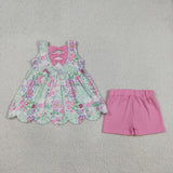 GSSO3385 Flower Pink Bows Scallop Edge Girls Shorts Outfits