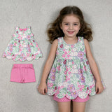 GSSO3385 Flower Pink Bows Scallop Edge Girls Shorts Outfits