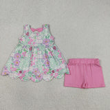 GSSO3385 Flower Pink Bows Scallop Edge Girls Shorts Outfits