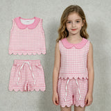 GSSO3394 Plaid Light Pink Scallop Edge Girls Shorts Outfits