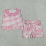 GSSO3394 Plaid Light Pink Scallop Edge Girls Shorts Outfits
