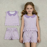 GSSO3396 Plaid Purple Scallop Edge Girls Shorts Outfits