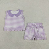 GSSO3396 Plaid Purple Scallop Edge Girls Shorts Outfits