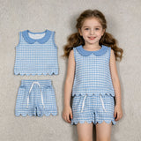 GSSO3397 Plaid Sky Blue Color Scallop Edge Girls Shorts Outfits