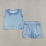 GSSO3397 Plaid Sky Blue Color Scallop Edge Girls Shorts Outfits