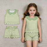 GSSO3398 Plaid Green Scallop Edge Girls Shorts Outfits