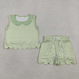GSSO3398 Plaid Green Scallop Edge Girls Shorts Outfits