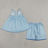 GSSO3418 Sky Blue Plaid Girls Shorts Set