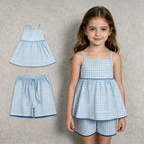 GSSO3418 Sky Blue Plaid Girls Shorts Set