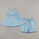 GSSO3418 Sky Blue Plaid Girls Shorts Set