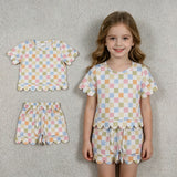 GSSO3419 Colorful Plaid Scallop Edge Girls Shorts Set