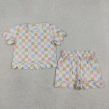 GSSO3419 Colorful Plaid Scallop Edge Girls Shorts Set