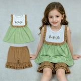 GSSO3432 Embroidery Mallard Ducks Green Stripe Girls Shorts Set