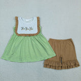 GSSO3432 Embroidery Mallard Ducks Green Stripe Girls Shorts Set