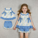 GSSO3439 Sky Blue Plaid Bows Ruffles Girls Shorts Outfits