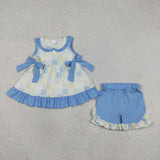 GSSO3439 Sky Blue Plaid Bows Ruffles Girls Shorts Outfits