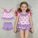 GSSO3460 Embroidery NO BOW NO GO Bows Purple Girls Shorts Set