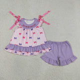GSSO3460 Embroidery NO BOW NO GO Bows Purple Girls Shorts Set