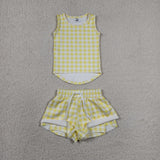 GSSO3475 Yellow Plaid Yoga Sports Girls Shorts Set