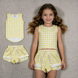 GSSO3475 Yellow Plaid Yoga Sports Girls Shorts Set