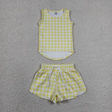 GSSO3475 Yellow Plaid Yoga Sports Girls Shorts Set