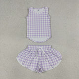 GSSO3477 Purple Plaid Yoga Girls Shorts Outfits