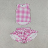 GSSO3478 Pink Plaid Yoga Girls Shorts Outfits